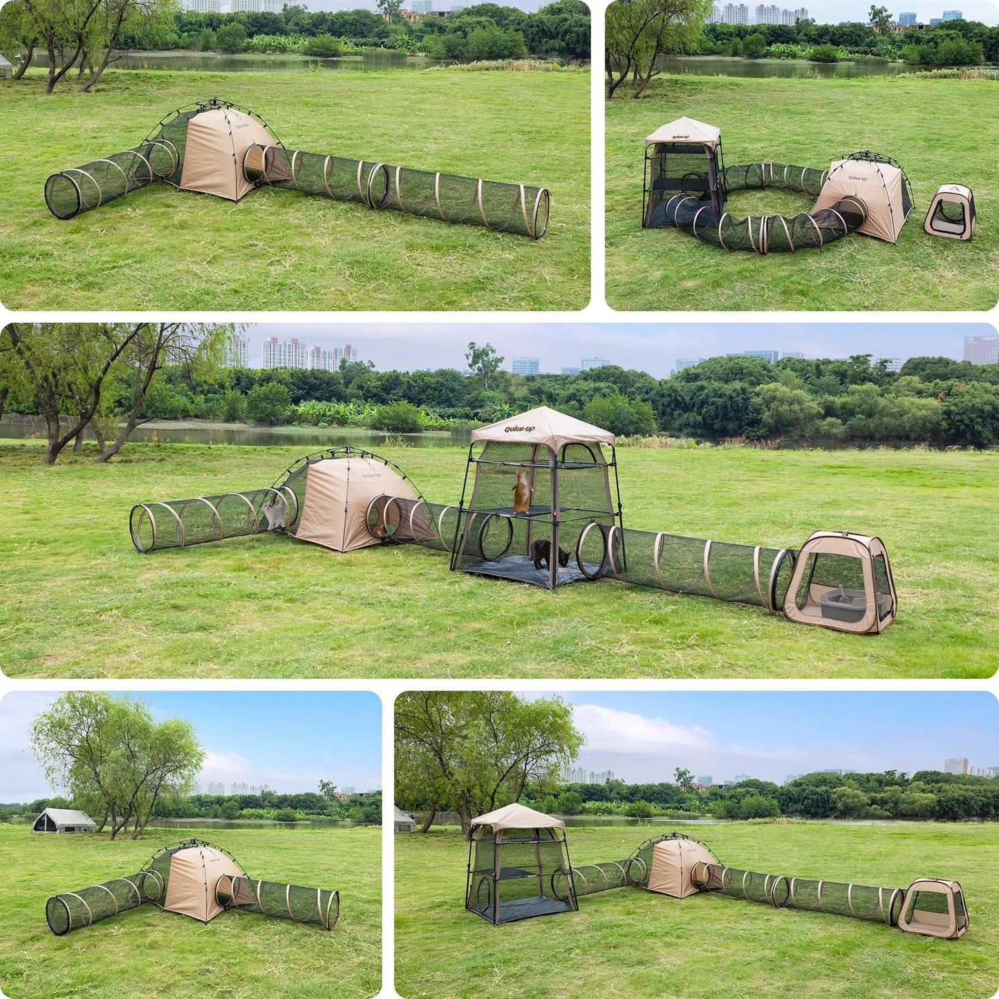 Pop-Up Cat Tent with Pet Bed and 2 Tunnels - Dual Room Kitty Hideaway for Playing & Napping, Scratch-Resistant Mesh, Detachable DIY Interactive Cat Play Set, Portable Indoor Outdoor Cat Cave