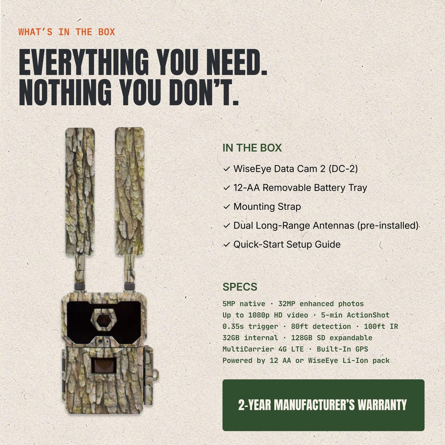WiseEye DC-2 Cellular Trail Camera, WiseEye Camo – MultiCarrier 4G LTE on AT&T, Verizon & T-Mobile, 32MP Photo, 5-Min HD Video on Demand, Built-in GPS, Internal Storage, Deer Hunting Cam