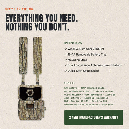 WiseEye DC-2 Cellular Trail Camera, WiseEye Camo – MultiCarrier 4G LTE on AT&T, Verizon & T-Mobile, 32MP Photo, 5-Min HD Video on Demand, Built-in GPS, Internal Storage, Deer Hunting Cam