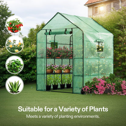 VIVOSUN 57x57x77 Inch Mini Walk in Green House with Window and Anchor, Plant Garden Hot House 2 Tiers 8 Shelves, 4.7 x 4.7 x 6.4 FT