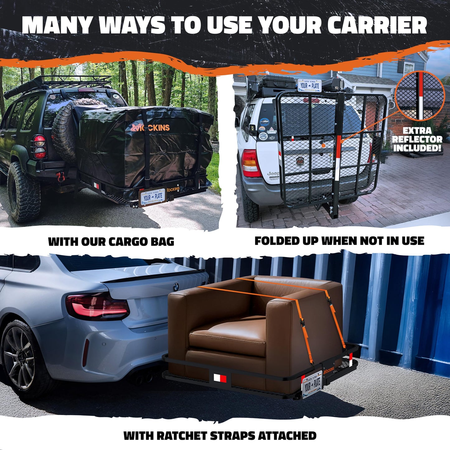 Mockins 40"x40"x6" Extra Deep Square Trailer Hitch Cargo Carrier w/Plate Bracket | 500 Lbs Cap Heavy-Duty Cargo Hitch Carrier for Generators, Appliances, Coolers | Luggage Rack for SUV, Car & Truck