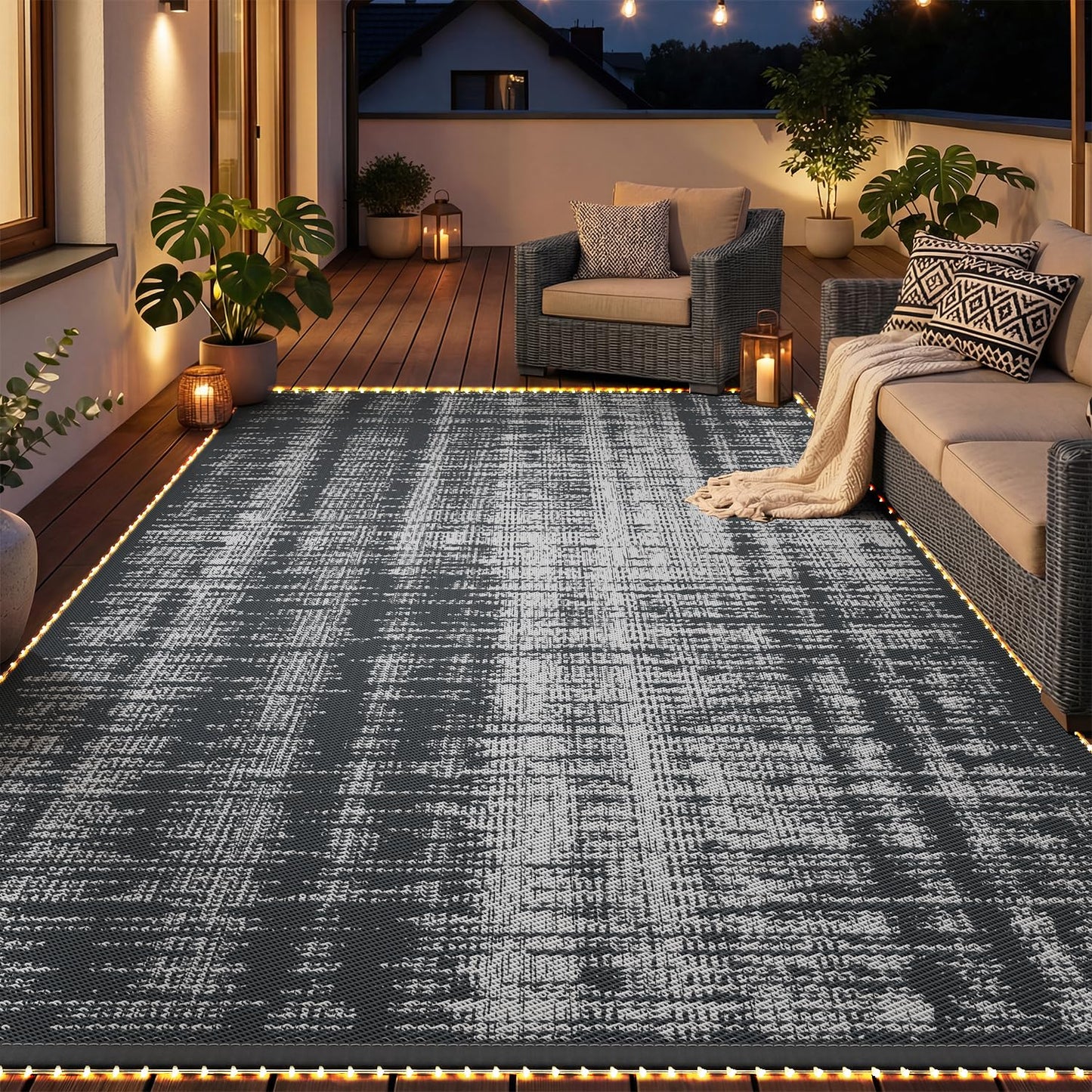 MontVoo Outdoor Rug Waterproof 9x12 ft with Strip Lights Outdoor Patio Rug Mat Reversible Plastic Straw Rug Outside Outdoor Rug for RV Camping Picnic Balcony Backyard