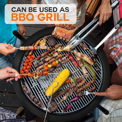 SereneLife Portable Outdoor 2-in-1 Steel BBQ Grill 26" Wood Burning Fire Pit Bowl w/ Mesh Spark Screen, Cover Log Grate, Fire Poker for Camping, Picnic, Bonfire SLCARFP54.5