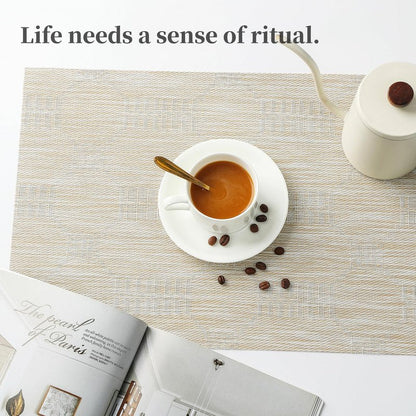 Leetaltree Wheat Placemats Set of 6 - Heat Resistant Non-Slip Place mats for Dining Table, Washable Durable PVC Vinyl Woven Table Mats（Wheat, 6）