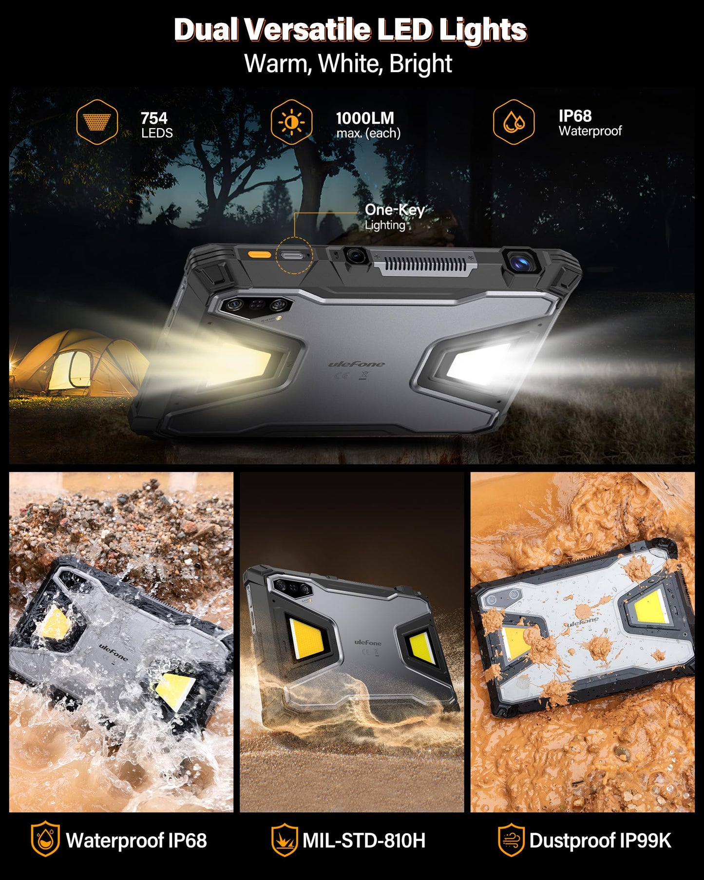 Ulefone Armor Pad 5 Ultra 5G Rugged Tablet with 200 Lumens Projector, 32GB+512GB/2TB Expansion Android 15, 24200mAh(120W), 11" FHD+ Screen, IP68/69K, 64MP+64MP, 32MP, Dual LED Lights, Widevine L1