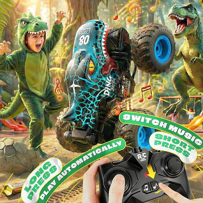 BEZGAR Monster Truck Toys - Remote Control Monster Truck with Light &amp Music Dinosaur Toys for Kids 1:20 Scale RC Truck with 360° Spins and Drifting Remote Control Car for Boys 4-7 Blue