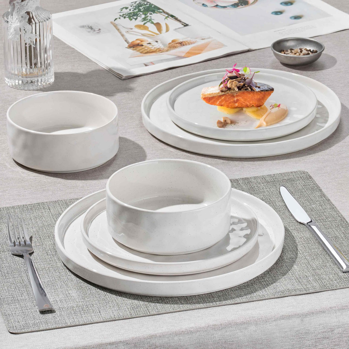 Herogo 18 Pieces Plates and Bowls Sets for 6, Stoneware Dinnerware Set for Kitchen, Ceramic Dinner Dishware, Dishwasher & Microwave Safe, Speckled White