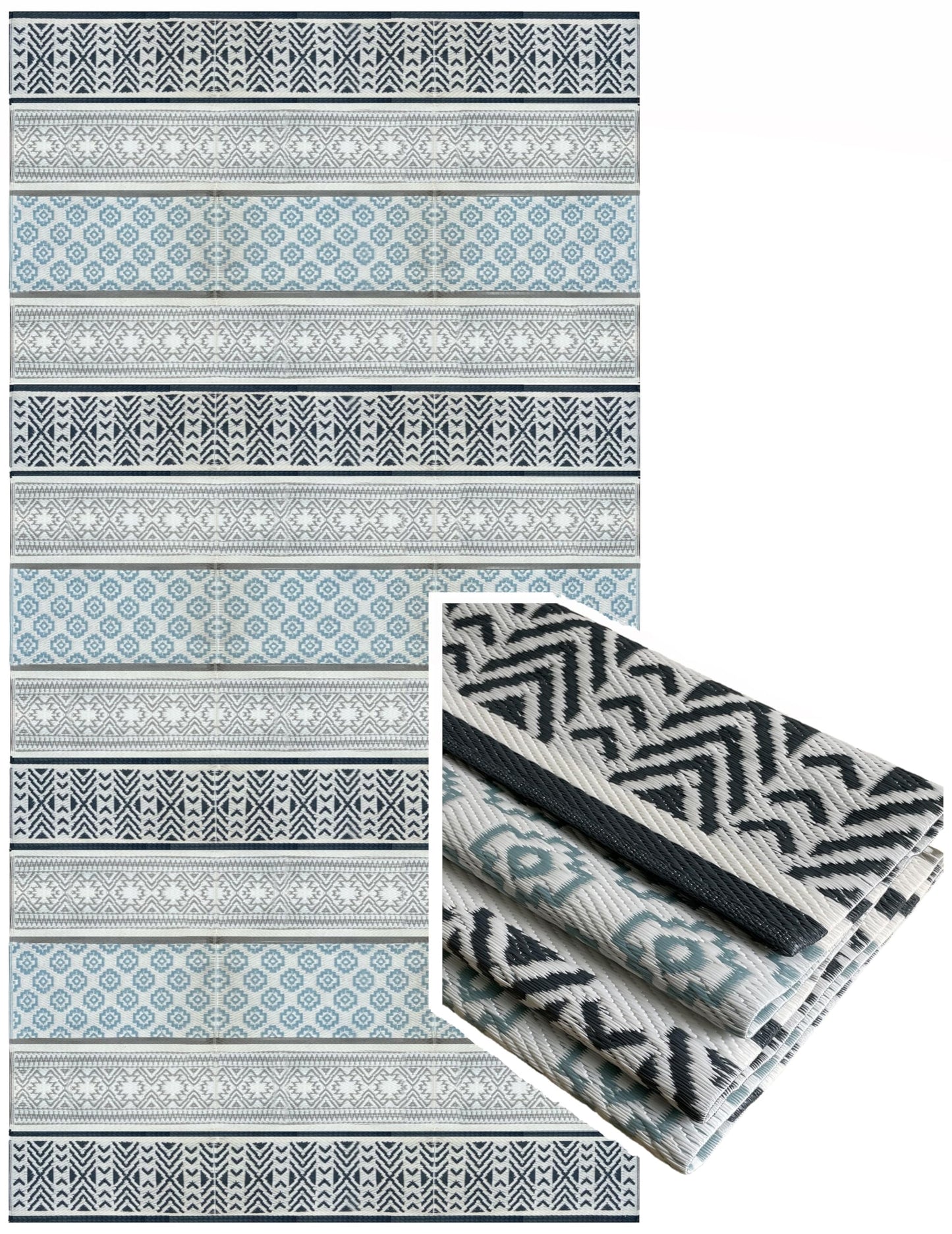 BalajeesUSA Outdoor Rug - 9x18 Grey, Teal, Reversible Recycled Plastic Straw Outdoor Patio Rugs Clearance Waterproof Large RV Camper Mats 7087