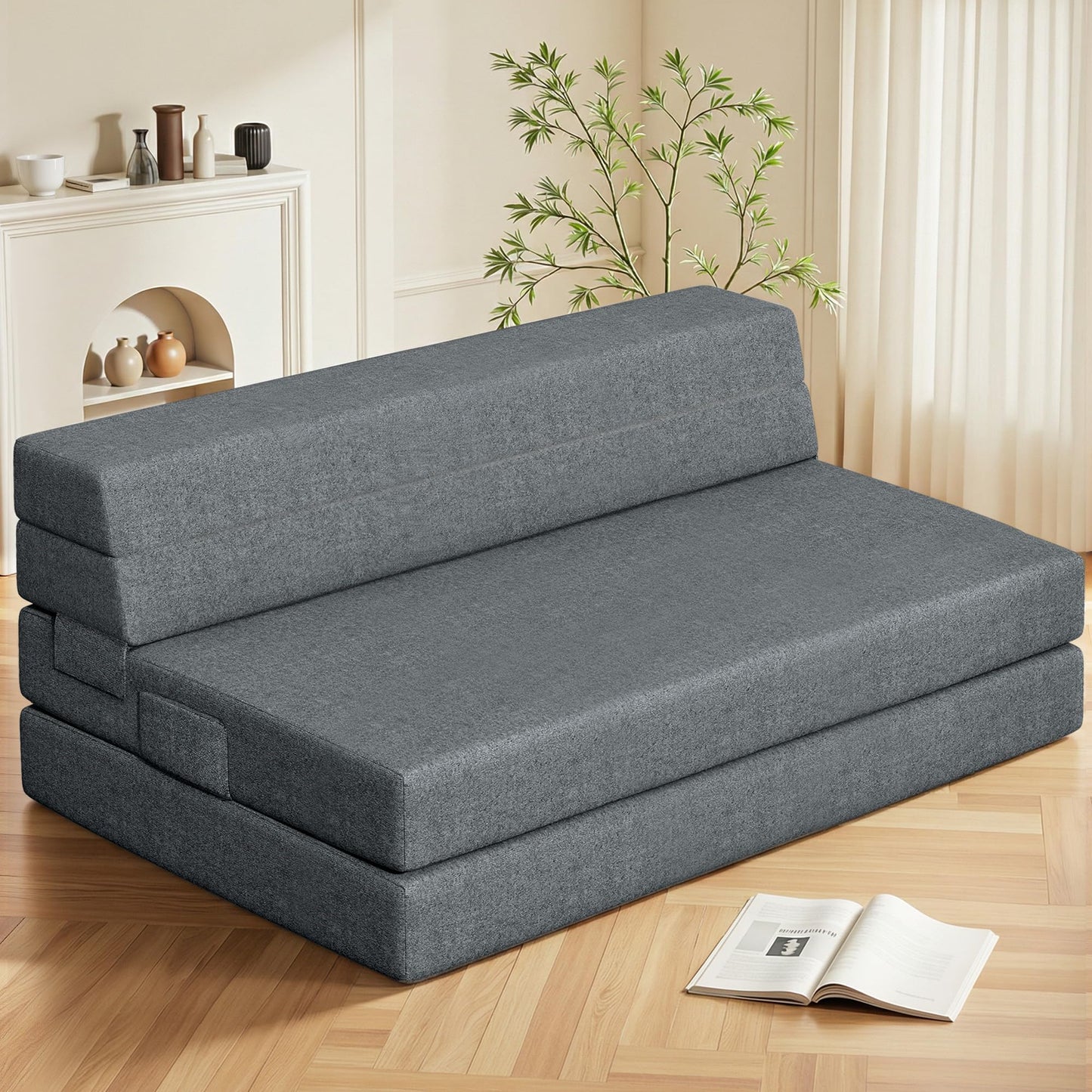 Youzi Folding Sofa Bed Queen, 6 Inches Foam Floor Sofa and Folding Mattress with Washable Cover, Fold Out Couch for Guests, Camping and Travel, Dark Gray, 80" x 60" x 6"
