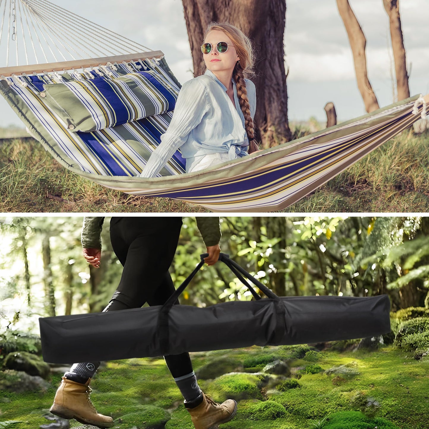 SUNCREAT Double Quilted Hammocks for Outside with 12ft Stand, Heavy Duty Hammock Storage Bag