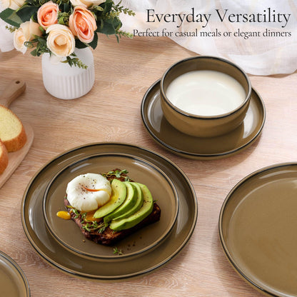 E-far Stoneware Dinnerware Sets for 6, 18 Pieces Reactive Glaze Plates and Bowls Sets, Elegant Dishes with Rustic Terracotta Clay Base, Dishwasher & Microwave Safe, Scratch Resistant, Deep Camel