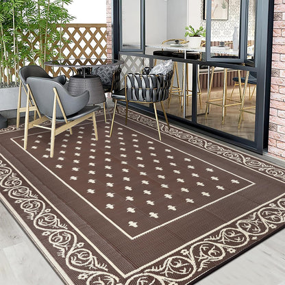 Pauwer Waterproof Outdoor Rug 10x14, Reversible Plastic Straw Patio Camping Rug, Indoor Outdoor RV Mat Carpet for Deck, Camper, Porch, Balcony, Backyard, Picnic, Bordered Brown