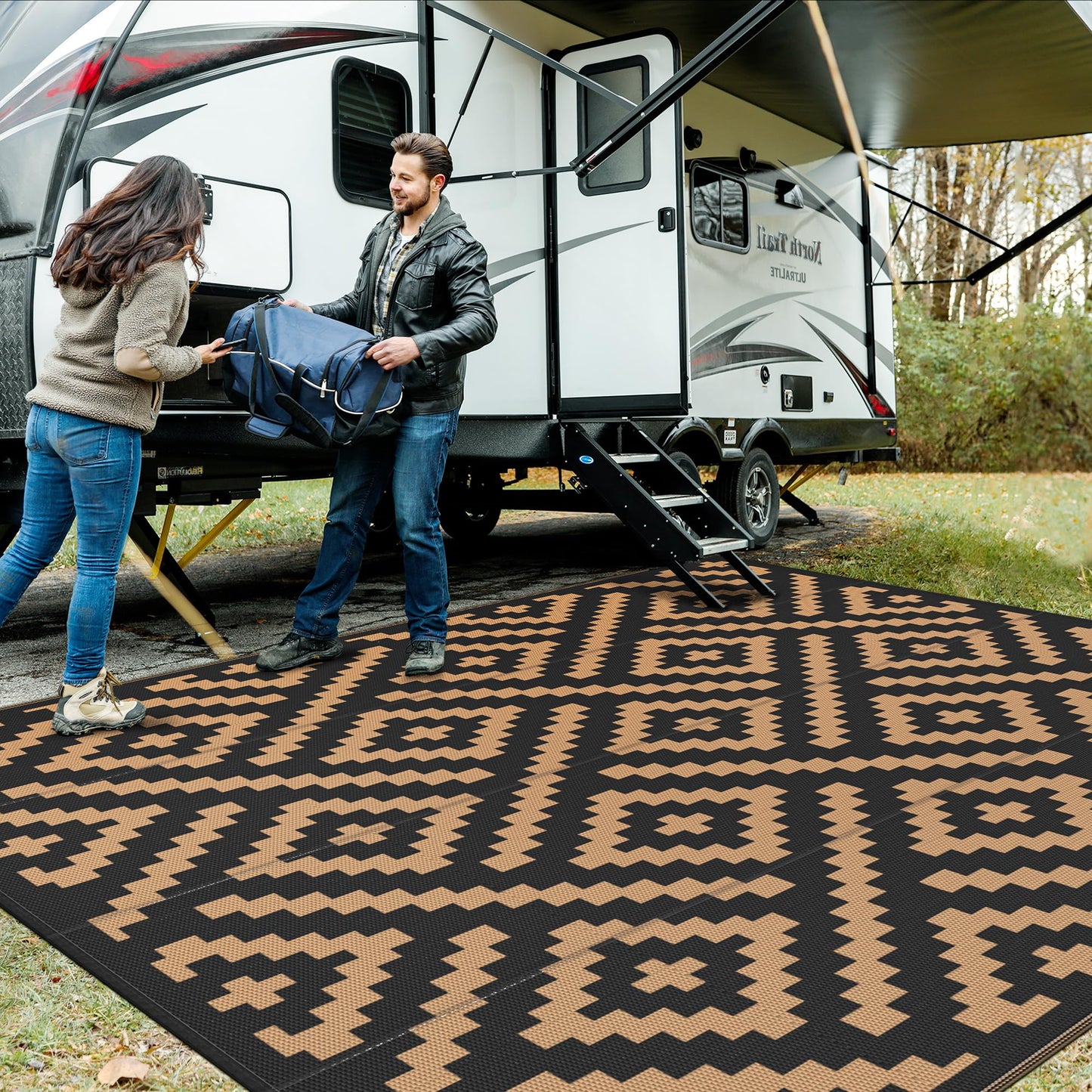 GENIMO Outdoor Rug Waterproof, 10' x 10' Reversible Plastic Straw Rugs, Lightweight Large RV Camping Mat for Patio, Deck, Camper, Balcony, Backyard, Picnic, Black & Brown