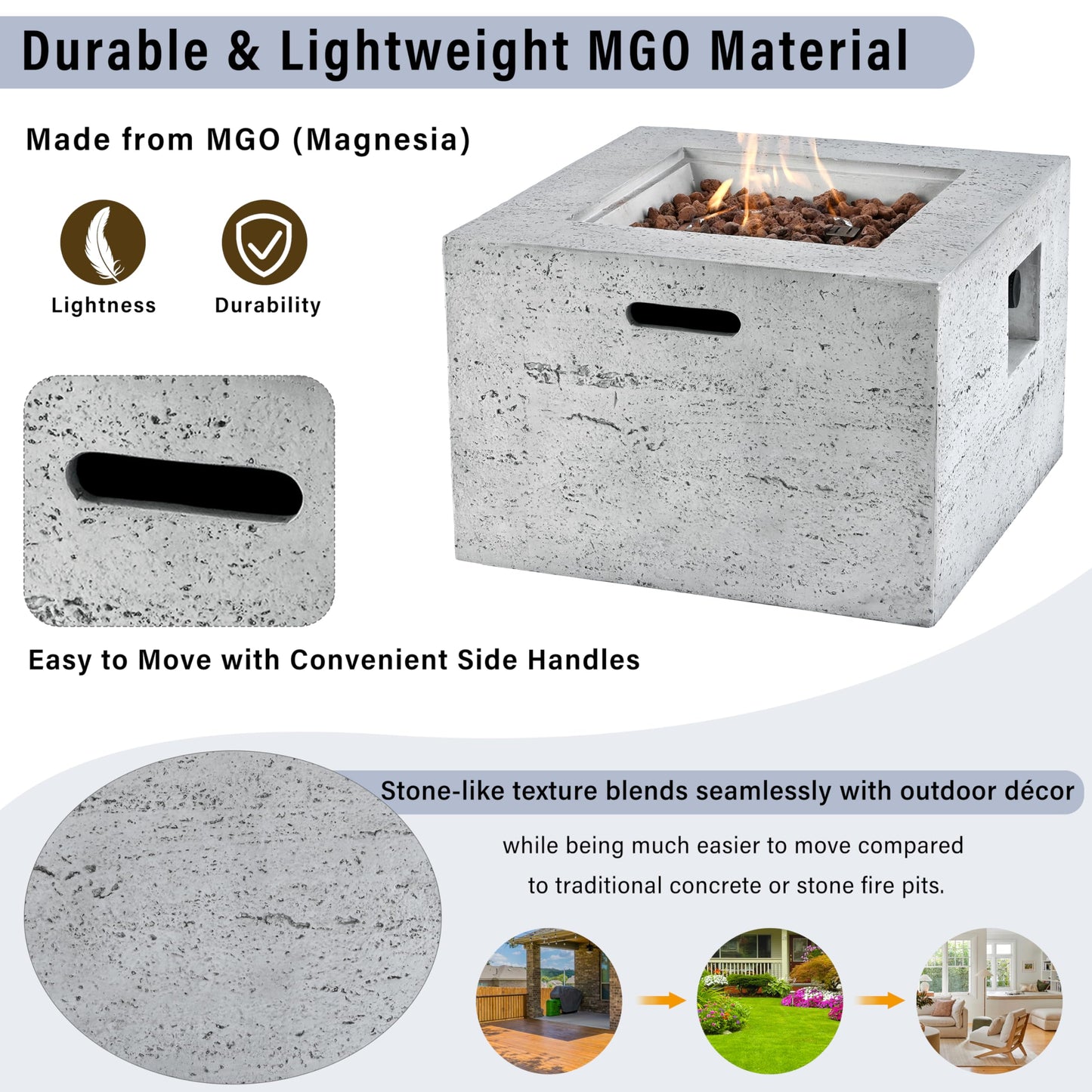 GDFStudio MgO Lightweight Square Propane Fire Pit Table, 40000 BTU Outdoor Propane Fire Pit with Steel Burner, Adjustable Flame Control, Lava Rocks & Rain Cover, Patio Backyard Deck Poolside, Gray