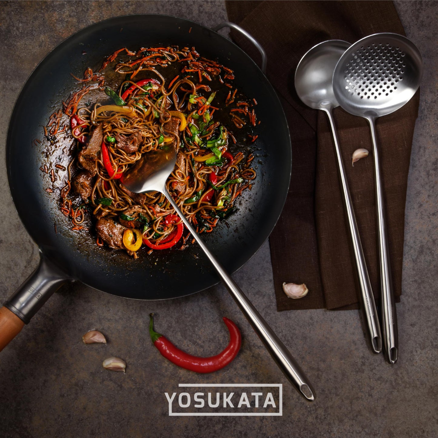 YOSUKATA Flat Bottom Wok Pan - 13.5" Blue Carbon Steel Wok PLUS 17" Wok Spatula and Ladle Skimmer Spoon - Stainless Steel Cooking Utensils Set of 3