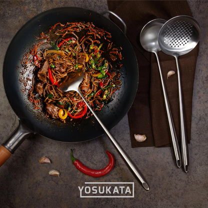YOSUKATA Flat Bottom Wok Pan - 13.5" Blue Carbon Steel Wok PLUS 17" Wok Spatula and Ladle Skimmer Spoon - Stainless Steel Cooking Utensils Set of 3