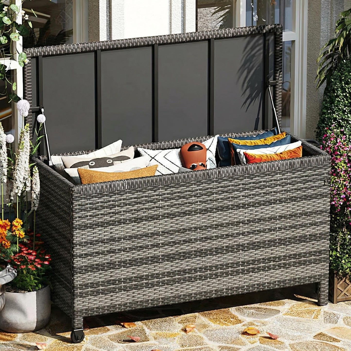 Wicker Deck Box, 125 Gallon All-Weather Outdoor Storage Box, Rattan Storage Bin for Patio Furniture, Outdoor Cushions, Pool Storage and Garden Tools, Grey