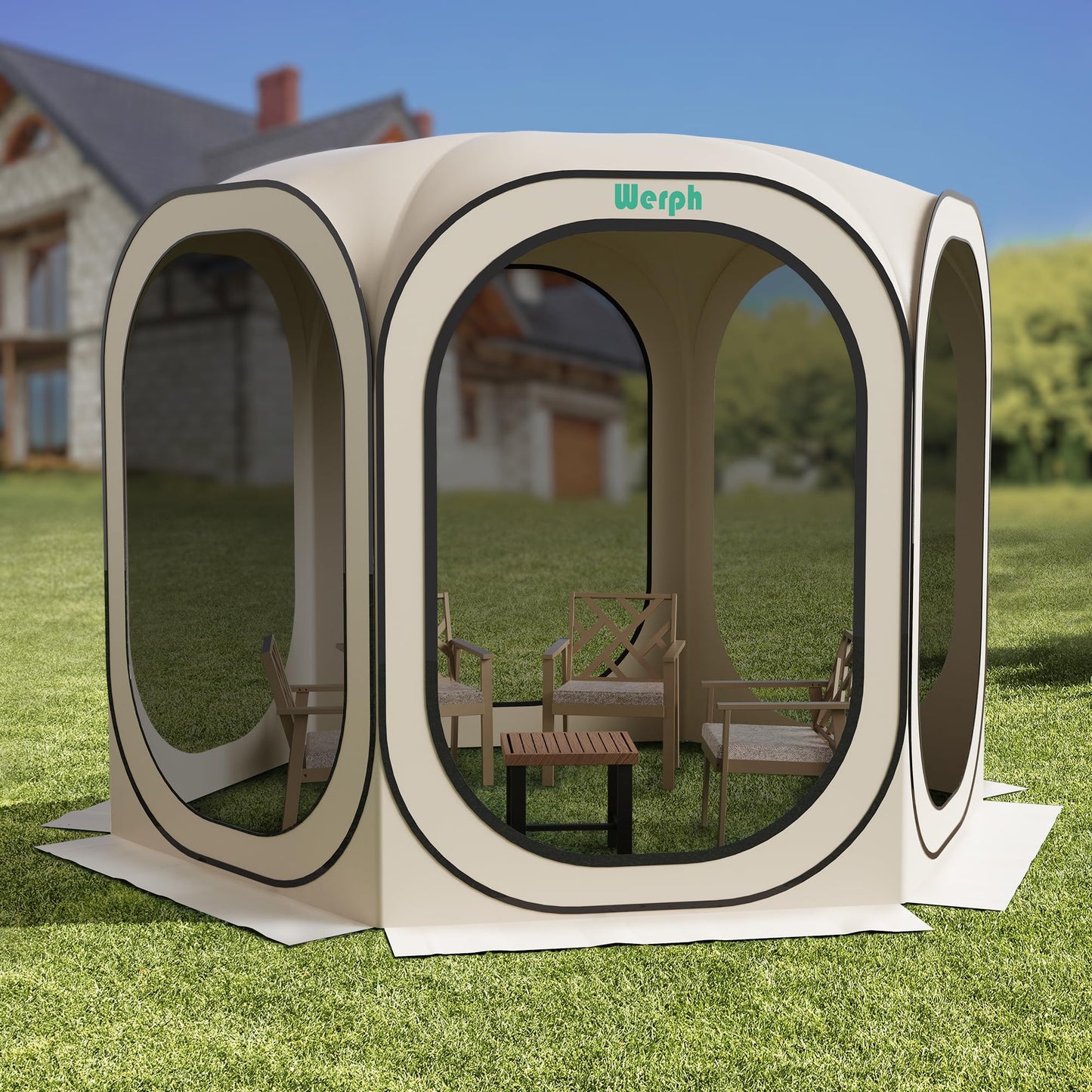 Werph 10x10 Pop Up Screen Tent, Mosquito Net Gazebo, UV Resistant Roof Waterproof Screen Canopy, Quick Setup Outdoor Shelter for Backyard, Patio, Garden, Picnic, Camping and Events, Beige
