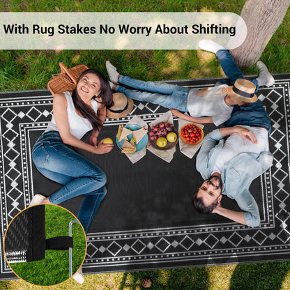GlowSol 10x14 Outdoor Rug Waterproof Reversible Camping Mat, Plastic Straw Rug for RV Deck Backyard Porch Balcony Lawn & Beach, Easy Cleaning Outdoor Patio Rugs for Outside Decor, Black/White