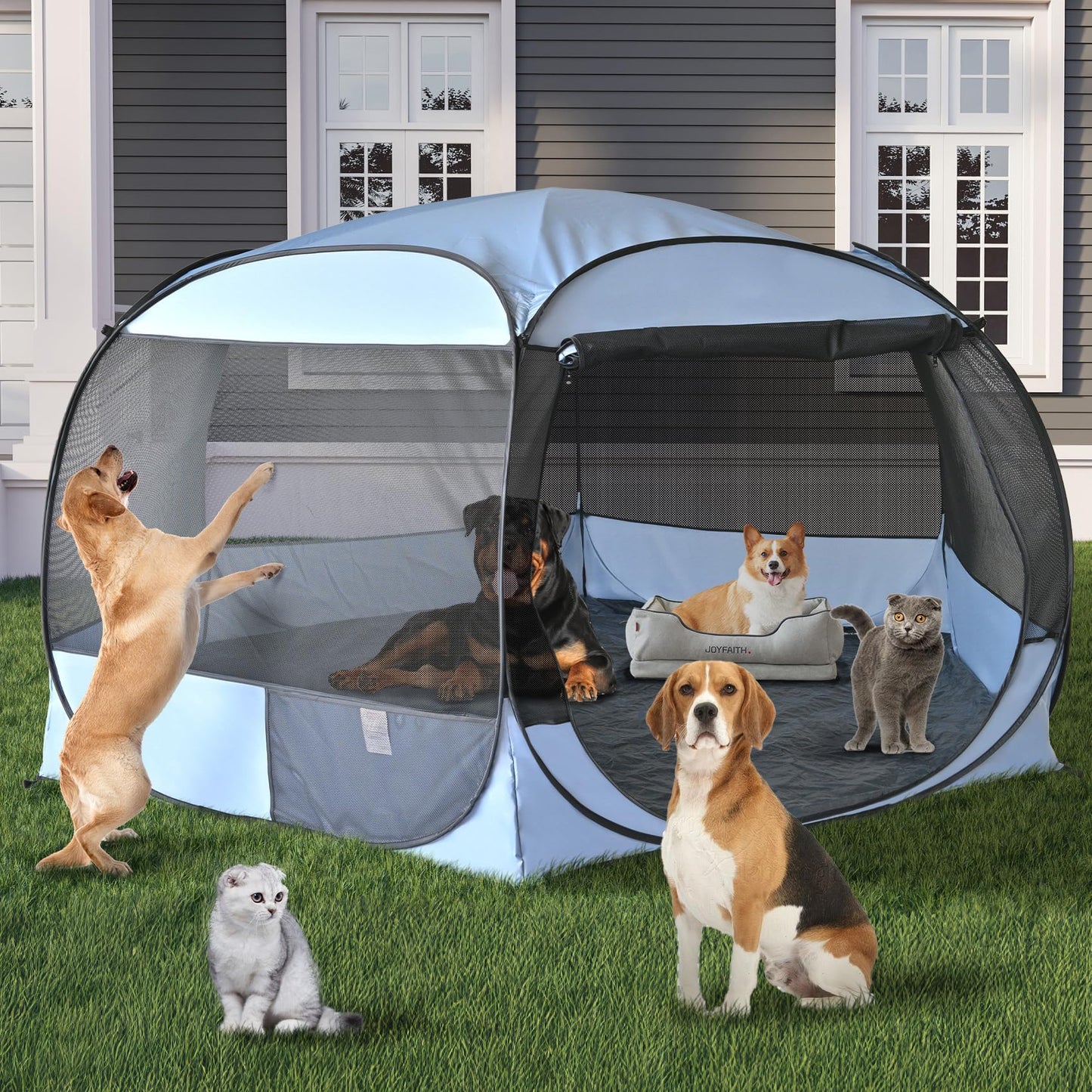 XXLarge Popup Portable Dog Houses, 10'x4.8'H Assembly-Free Gazebo-Style Kennel Dog Playpen Pet Screen Tent Sun Shade Shelter, Dog Crates Canopy for Travel Camping Anti-Bugs with Leakproof Bottom