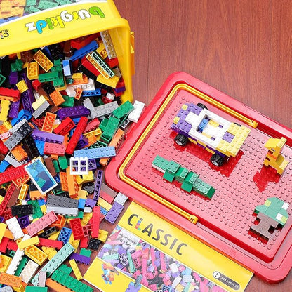 Building Bricks 1020 Pieces Set 1000 Basic Building Blocks in 17 Fun Shapes Includes Wheels Door Window Bulk Block with Storage Box Handle and Base Plate Compatible Block Construction Toys