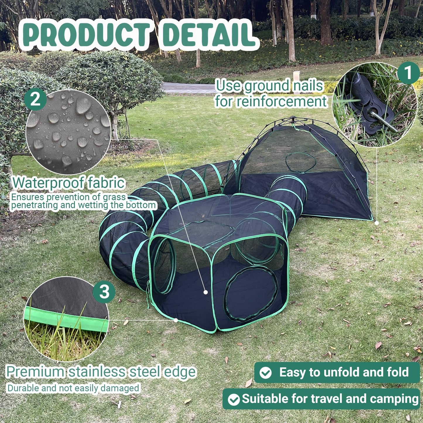 Pawtenda Cat Tents for Outside, Green Outdoor Cat Enclosures, Foldable Pet Playpen with Tunnels for Outside, Portable 4-in-1 Catio Including 2 Tents and 2 Tunnels