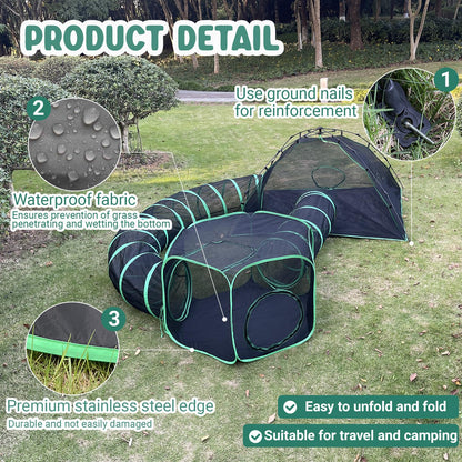Pawtenda Cat Tents for Outside, Green Outdoor Cat Enclosures, Foldable Pet Playpen with Tunnels for Outside, Portable 4-in-1 Catio Including 2 Tents and 2 Tunnels