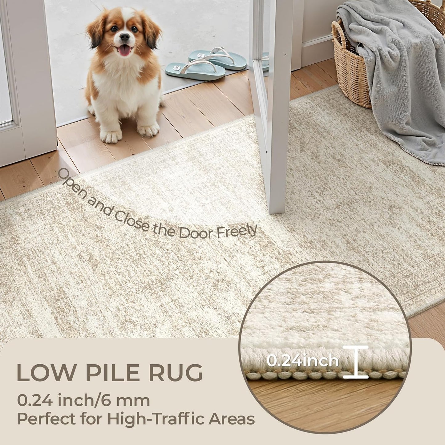 Skiennix 2x3 Washable Rug Runner - Soft Vintage Abstract Design | Anti-Slip Indoor Mat in Beige/Ivory
