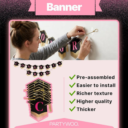 PartyWoo Graduation Decorations Class of 2026 Black Pink Gold 40pcs Grad Party Supplies with Congrats Grad Black Backdrop Banner Hanging Swirls Foil Latex Balloons Graduation Cap Centerpieces Party