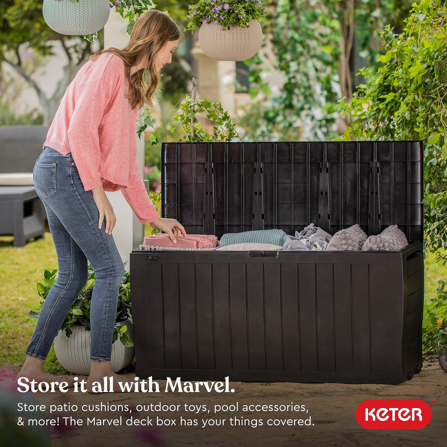 EAST OAK Deck Box, 31 Gallon Indoor and Outdoor Storage Box with Padlock for Patio Cushions & Keter Marvel Plus 71 Gallon Resin Outdoor Box for Patio Furniture Cushion Storage, Brown
