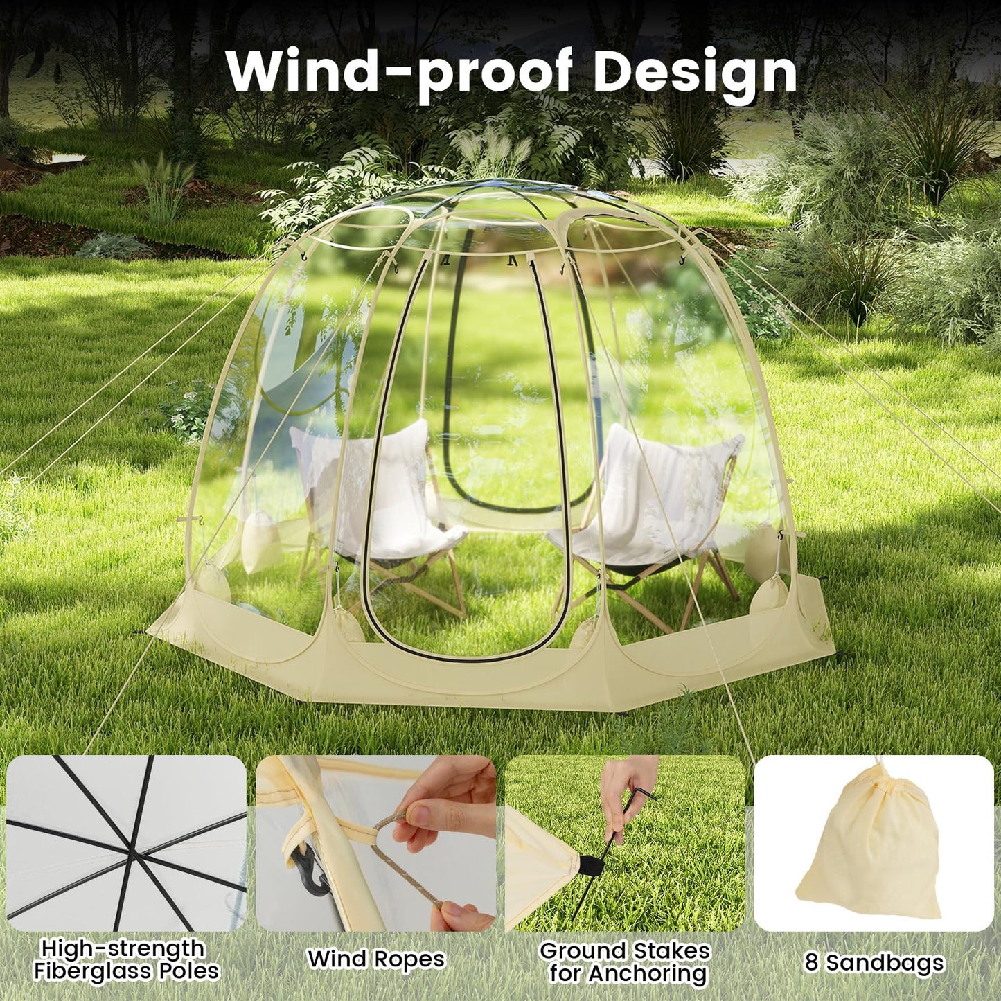 Happygrill Pop up Bubble Tent, 9.5 x 9.5 FT Outdoor Dome Screen Tent for for 4-6 People w/16 Stakes, 8 Wind Ropes, 8 Sandbags, Carrying Bag, Portable Weatherproof Screen House for Camping Sports Event