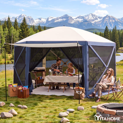 YITAHOME 12x12ft Camping Gazebo, Portable Pop Up Canopy Outdoor Screen Tent 6 Sided with Mesh Windows and Carry Bag for Camping, Picnic, Backyard Party Outside Activities, Gray