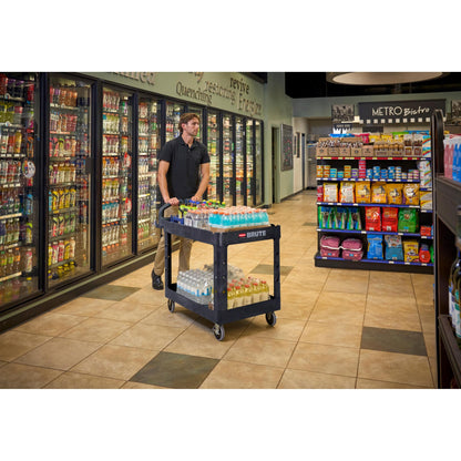 Rubbermaid Commercial Products 2-Shelf Utility/Service Cart, Medium, Black, Lipped Shelves, Ergonomic Handle, 500 Lbs Capacity, forfor Warehouse/Garage/Cleaning/Manufacturing