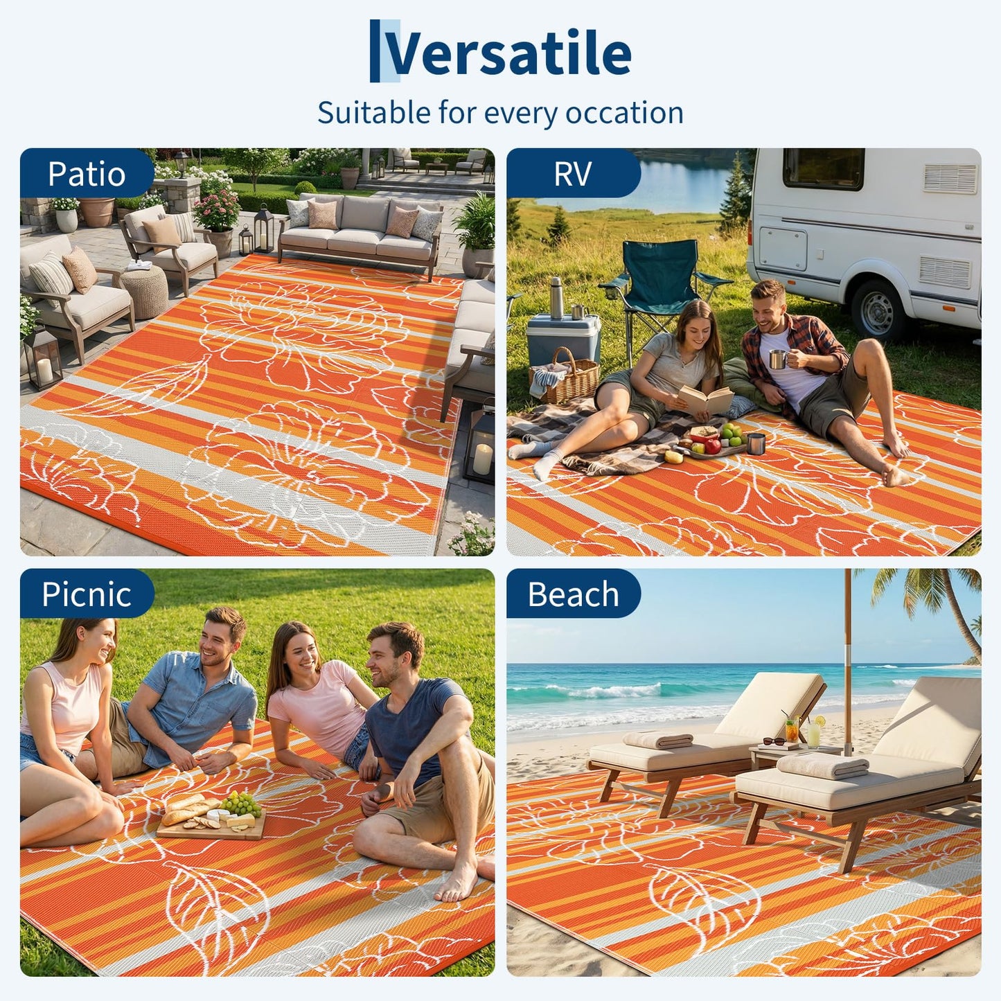 Garvee 10x14 Outdoor Waterproof Rug, Floral Outdoor Area Rug，Reversible Plastic Straw Patio Rug, Portable Camping Mat for RV, Picnic, Beach, Balcony, Garden & Camping Orange