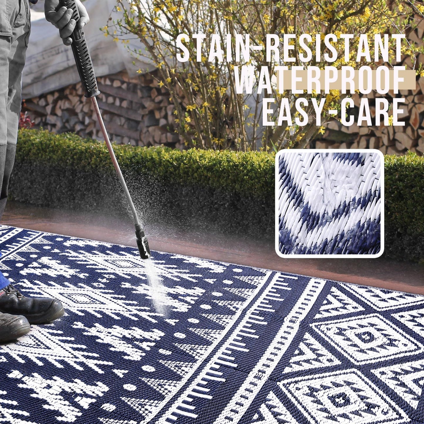 OLANLY Outdoor Rug Waterproof 9x18 ft, Reversible Outdoor Plastic Straw Rug, Boho Patio Rug, Indoor Outdoor Carpet, RV Mat Outside for Patio, Camp, Picnic, Balcony, Deck, Backyard, Navy & White