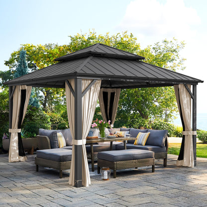 LUE BONA 12'x12' Gazebo Hardtop Gazebos, Double Galvanized Steel Roof and Aluminum Frame Permanent Pavilion with Dual Curtains, Outdoor Metal Roof Gazebo for Patio, Garden, Backyard, Black