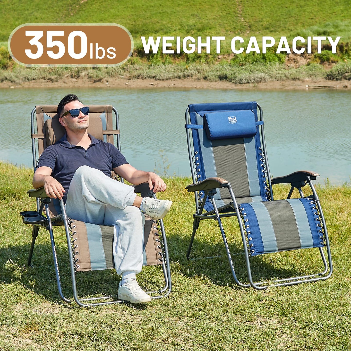 TIMBER RIDGE Outdoor Reclining Padded with Adjustable Headrest and Cup Holder Foldable Zero Gravity Lawn Chair for Adults, Supports 350 LBS, Brown-2 Pack