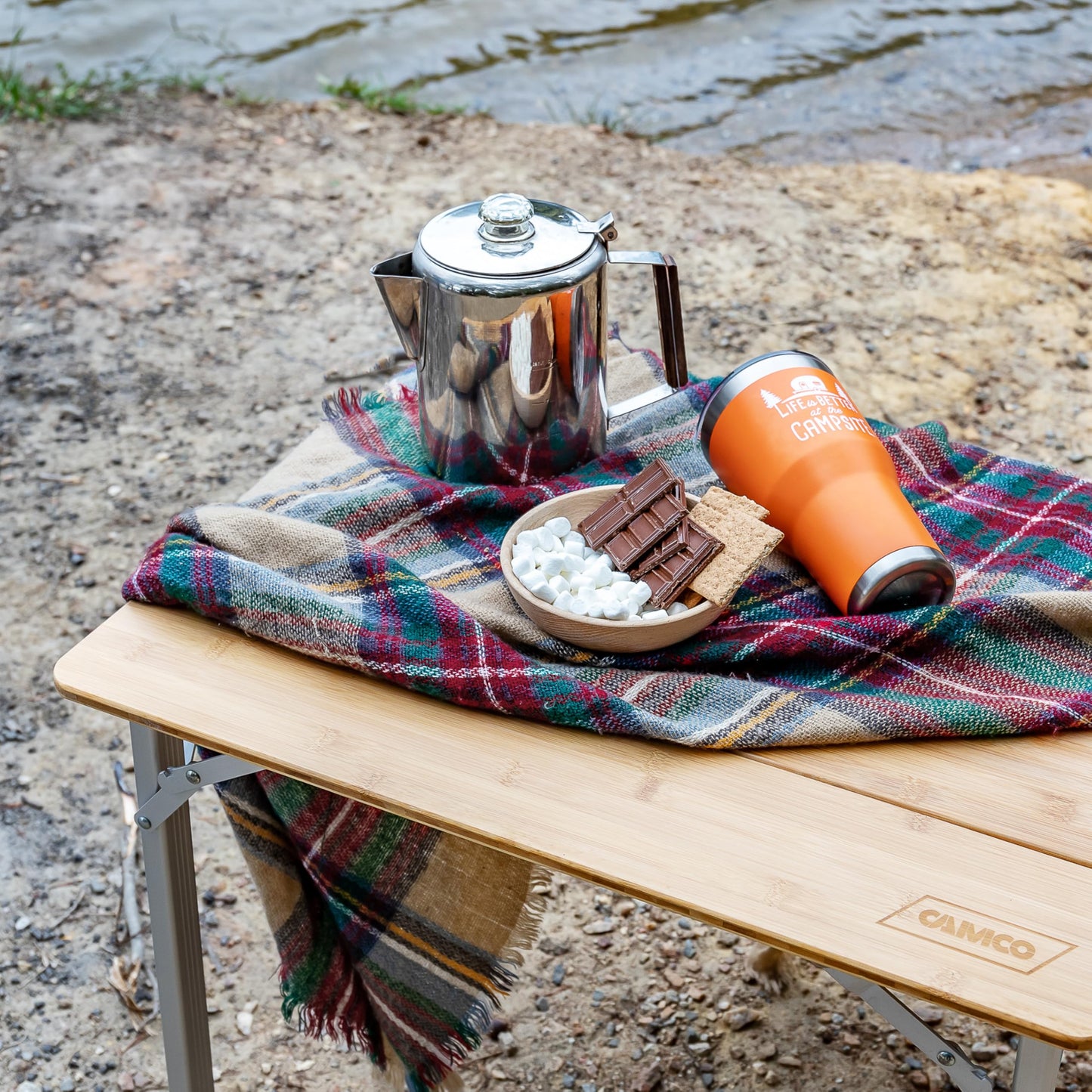 Camco Bamboo Folding Camping Table with Aluminum Legs - Natural Bamboo Top Measures 25 ½ x 19 ¾-inches & Supports Up to 85lbs - Lightweight for Added Portability & Includes Storage Bag (51895)