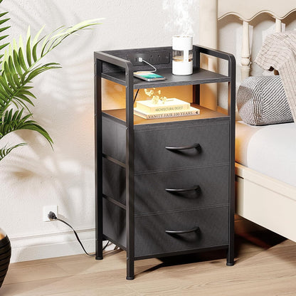 Lazzanto Night Stand | Modern Bedside Charger with LED Light Strip & Storage Drawers - USB Ports & AC Outlets