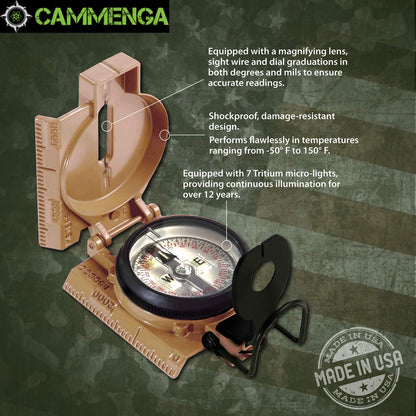 Cammenga US Military Tritium Lensatic Compass Coyote Brown - Hand Held Military Compass with Clam Shell Storage Case and Waterproof Pouch