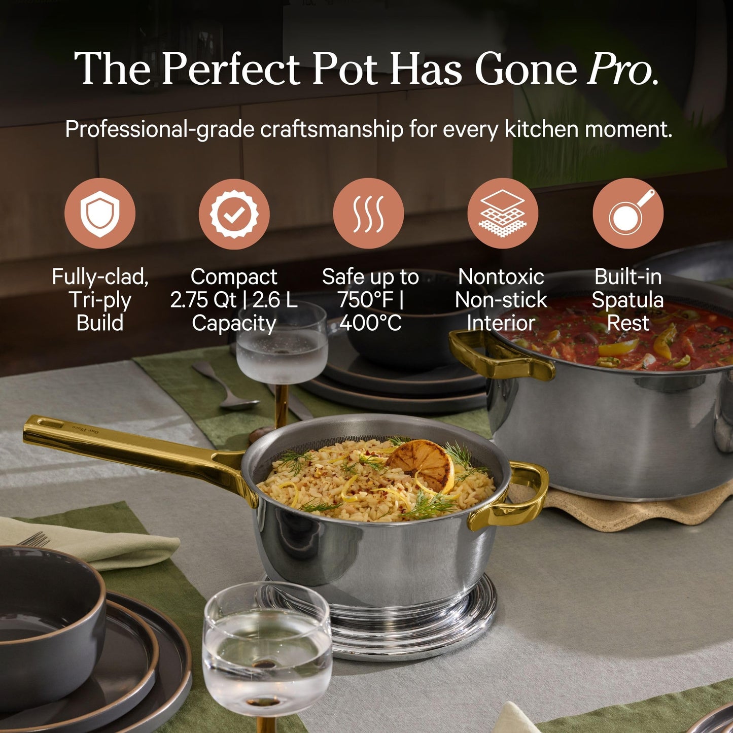 Our Place Titanium Pro Mini Cookware Duo | Always Pan Pro & Perfect Pot Pro | Coating-Free Nonstick | Tri-Ply Titanium & Stainless Steel | Safe for Oven, Induction & All Cooktops up to 750°F | Gold