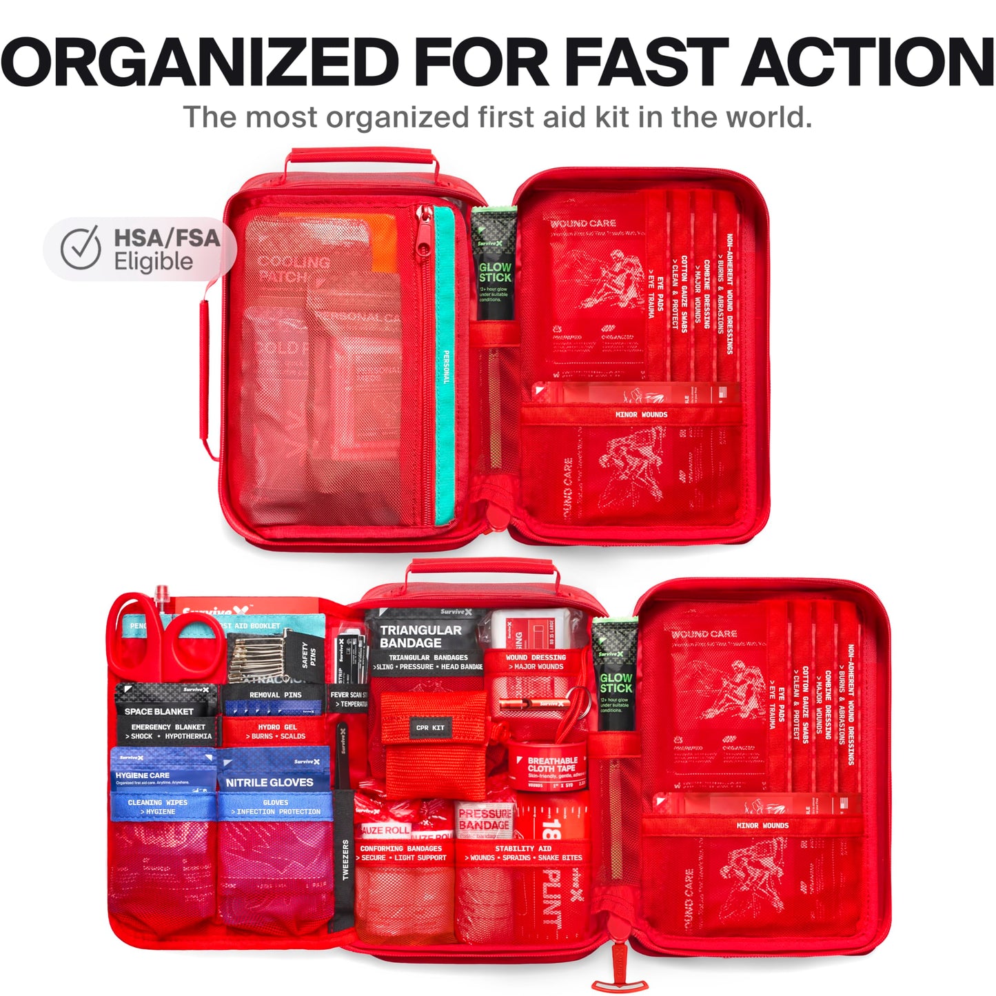 SurviveX Large Waterproof First Aid Kit for Car, Travel & Home - Emergency Kit for Hiking, Camping, Backpacking and Outdoors - Includes Zip Stitch Wound Closure Strips