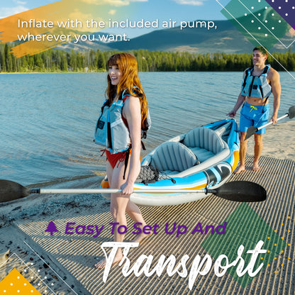 Sunlite Sports Inflatable Kayak 2 Person, Portable Inflatable Boat with Aluminum Oars, Lightweight Easy Setup Tandem Kayak with High Output Air Pump & Carry Bag for Lakes & Rivers, 400 LB