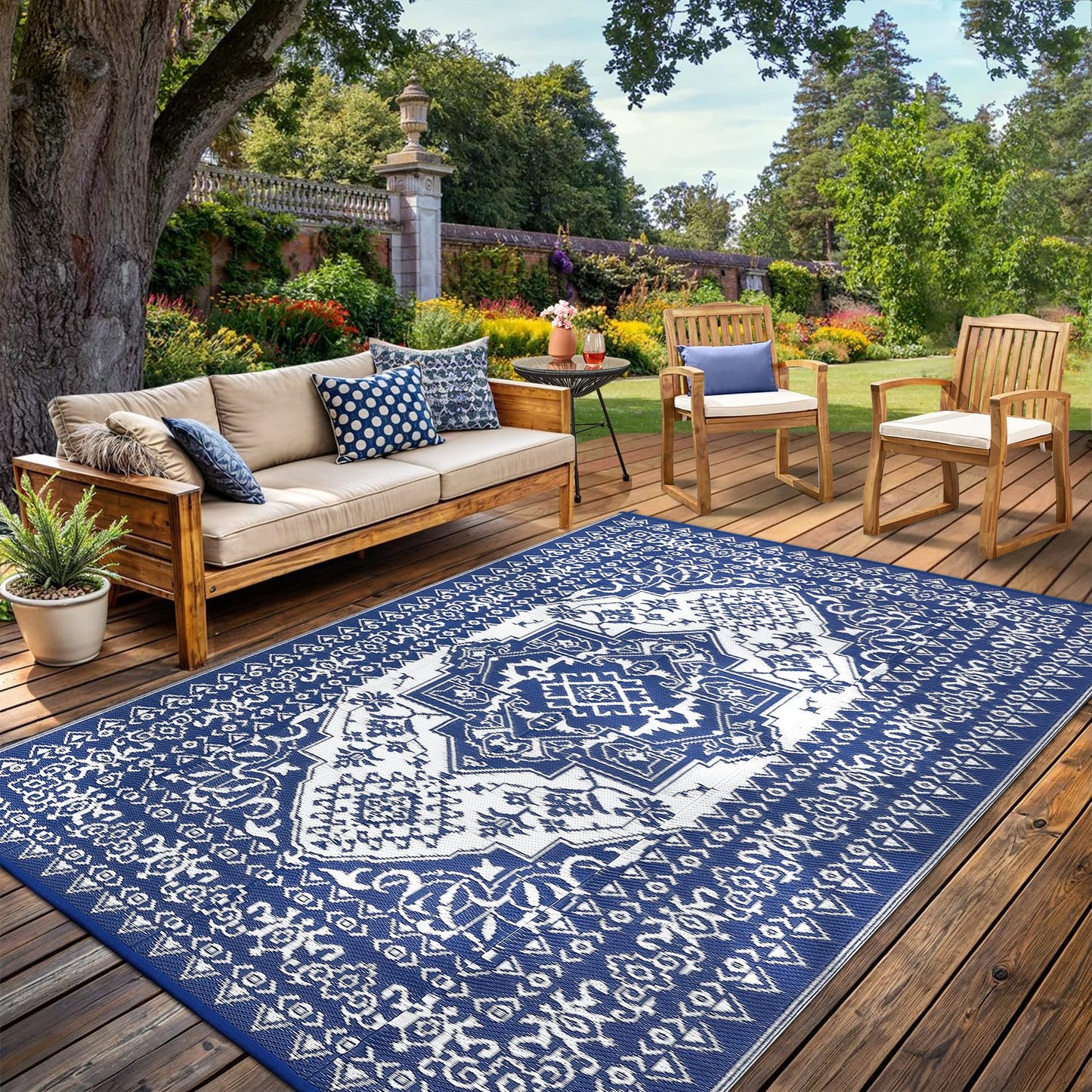 GarveeHome Large Outdoor Rug 9x18 Waterproof Reversible Mat Palm Retro Oriental Camping Rugs Indoor Outdoor Rugs Carpet Plastic Straw Rug for Patio Deck Balcony Pool RV Camping, Dark Blue and White