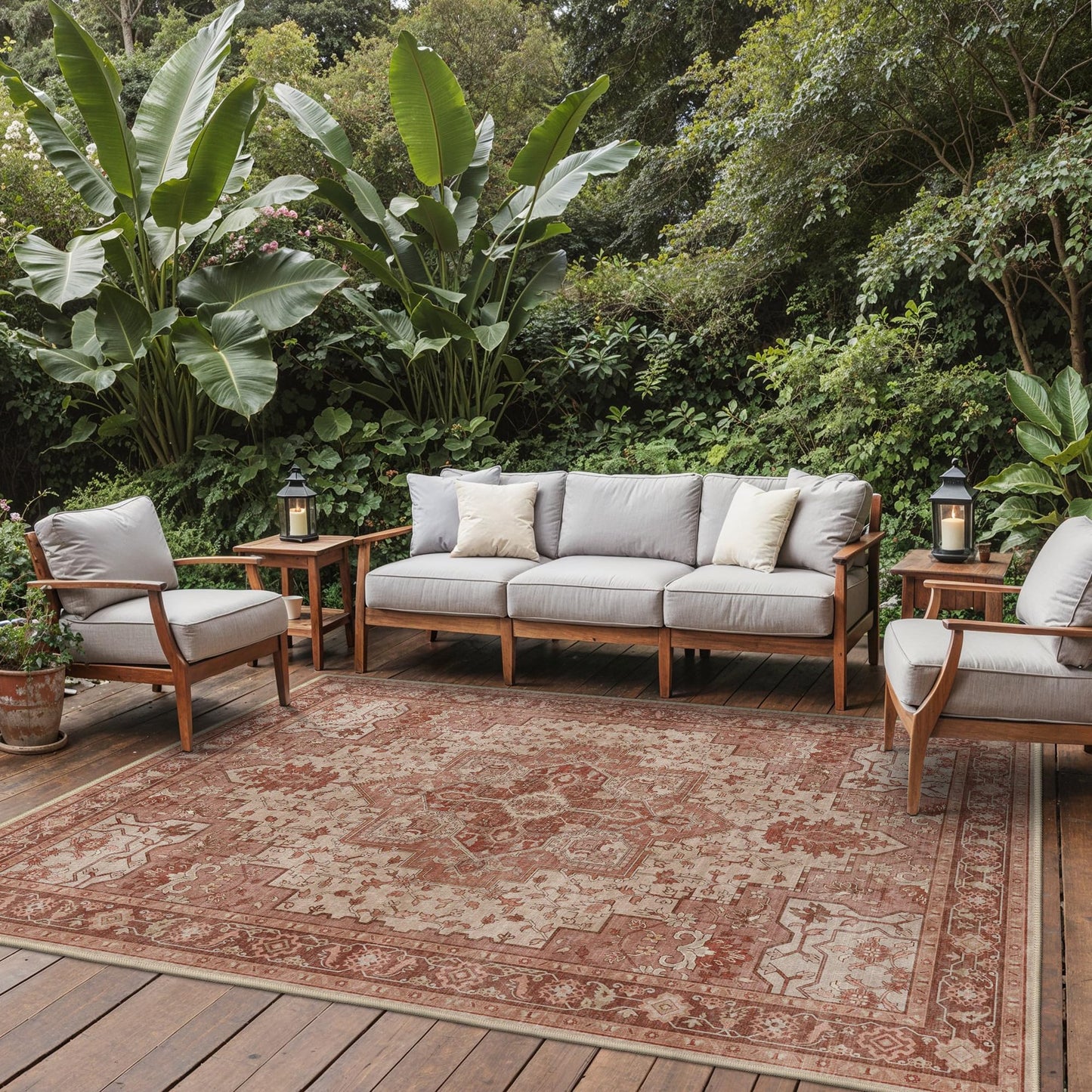 GENIMO Outdoor & Indoor Area Rug 9'x12', Waterproof, Non-Shedding, Easy Cleaning, Boho Mat for Patio, Living Room, Balcony, Dining Room, RV, Deck, Bedroom, Camping, Outside Carpet,Brown Red
