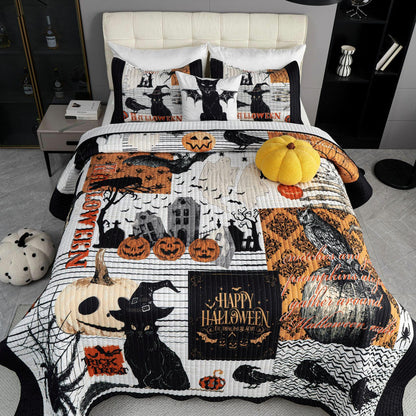 Cmfshape Halloween Quilt Set King Size,Black Reversible Quilt Bedding Set 3PCS,Bat Pumpkin Spider Festival Themed Bedspread King,Decorative Bedding Coverlet with 2 Pillow Shams(Black&White,104"x90")