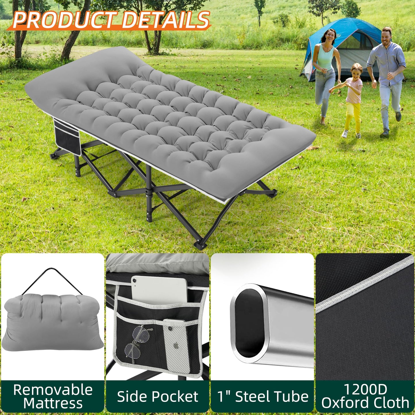 Fragess Portable Camping Cot, 32" Extra Wide Camping Cots for Adults with Thick Mattress, Heavy Duty Sleeping Cot Holds Up to 600LBS, Cots for Sleeping, Rv, Beach, Patio, Office Naps(Grey)