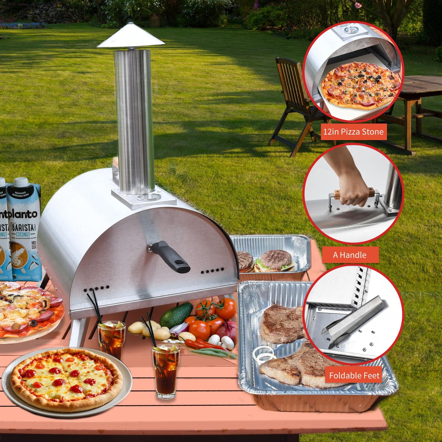 12" Wood Pellets Pizza oven with Thermometer – Portable Wood Fired Pizza stove, Stainless Steel, Quick Heat-Up, 12" Pizza Stone for Camping and Outdoor Cooking, Great Gift for Camping Enthusiasts