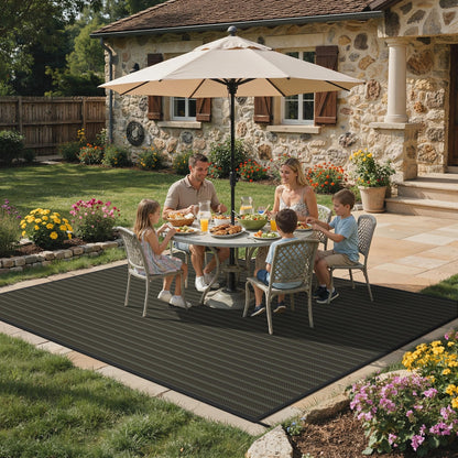 GENIMO Outdoor Rug for Patio Clearance, 10'x14' Reversible Plastic Straw Rugs, Lightweight Waterproof RV Camping Mat for Camper, Balcony, Deck, Backyard, Picnic, Black & Brown