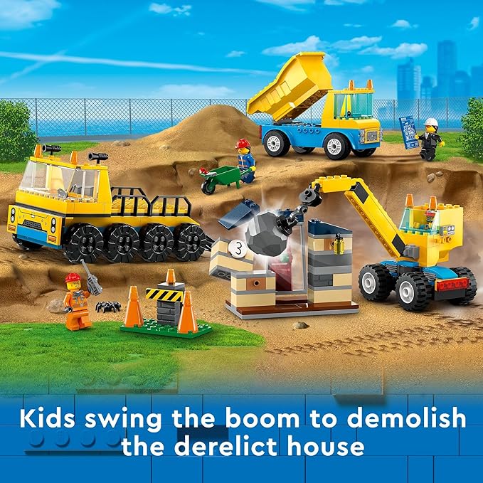 LEGO City Construction Trucks and Wrecking Ball Crane 60391 Building Toy Set for Toddler Kids Ages 4+ Includes 3 Construction Vehicles an Abandoned House and 3 Minifigures for Pretend Play